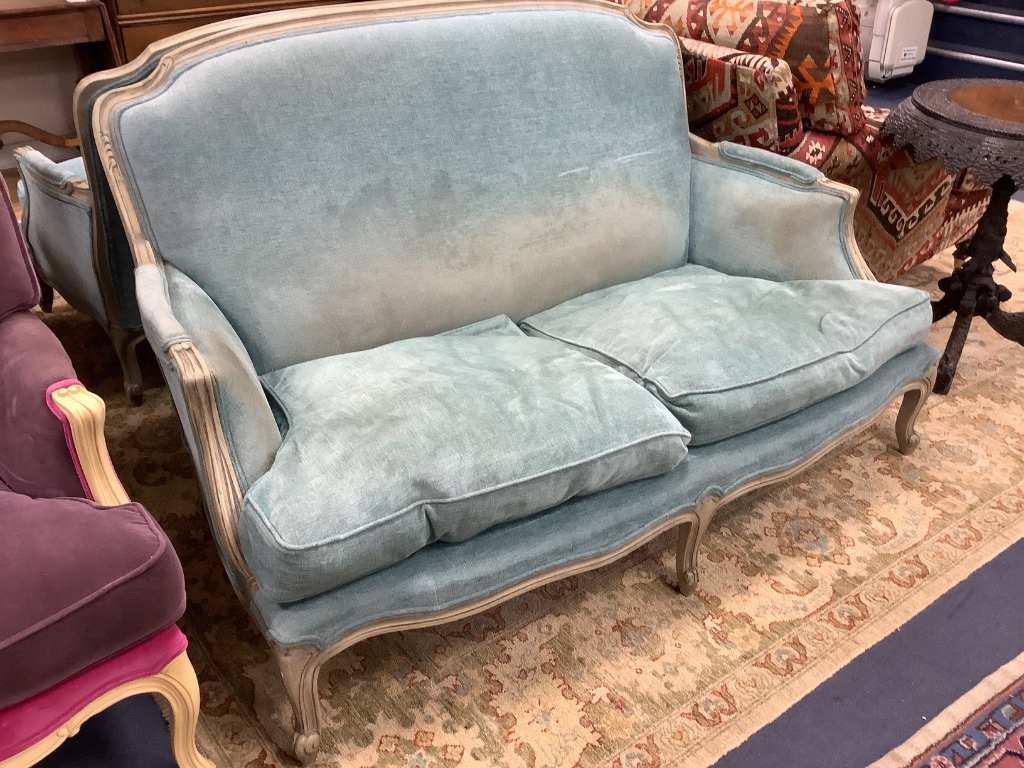 A pair of Louis XVI design two seater sofas, length 152cm, depth 95cm, height 92cm